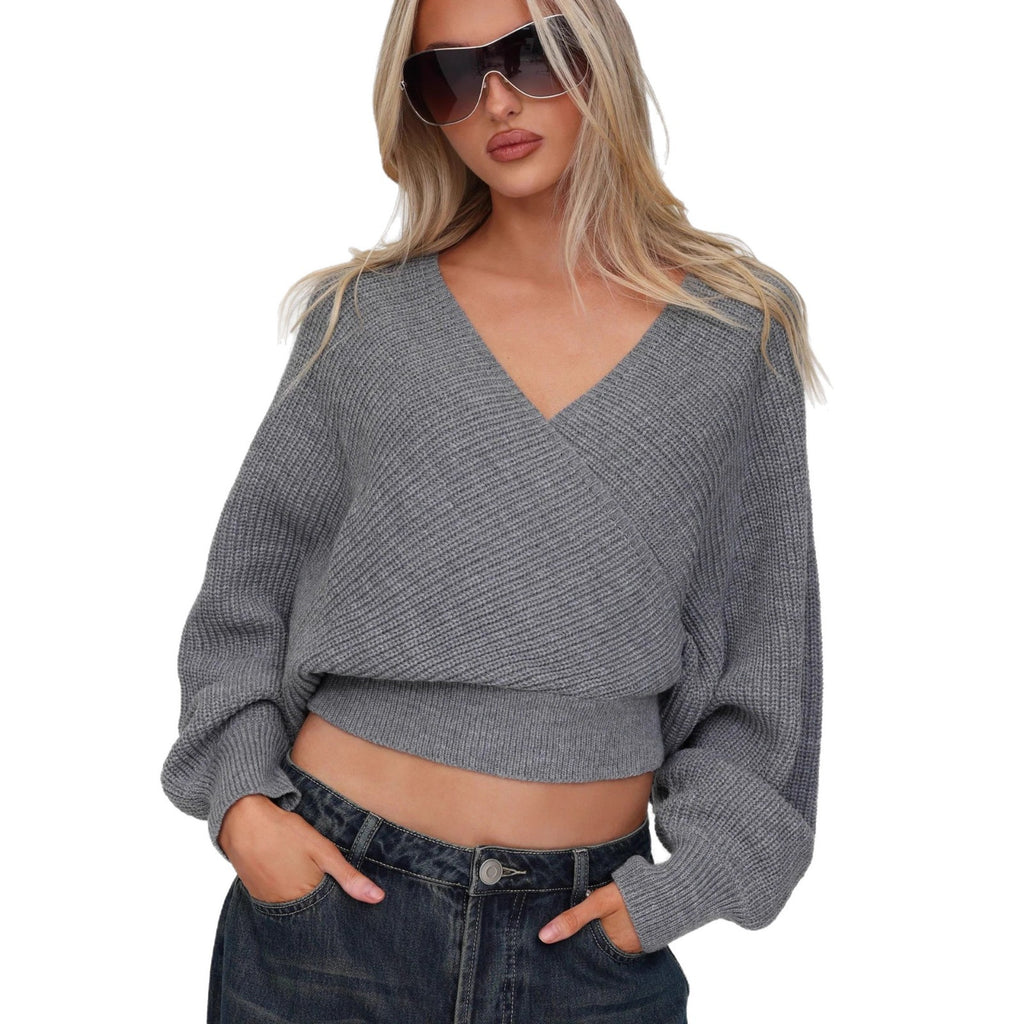 Cropped V-neck Long-sleeve Pullover Knit Sweater