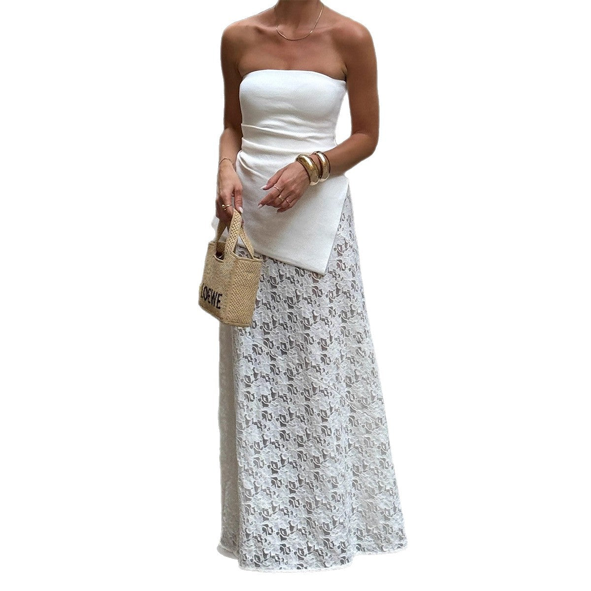 White Jacquard Sheer Low-Waist Lace Skirt