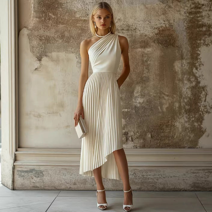 Womens White Pleated Sleeveless Dress