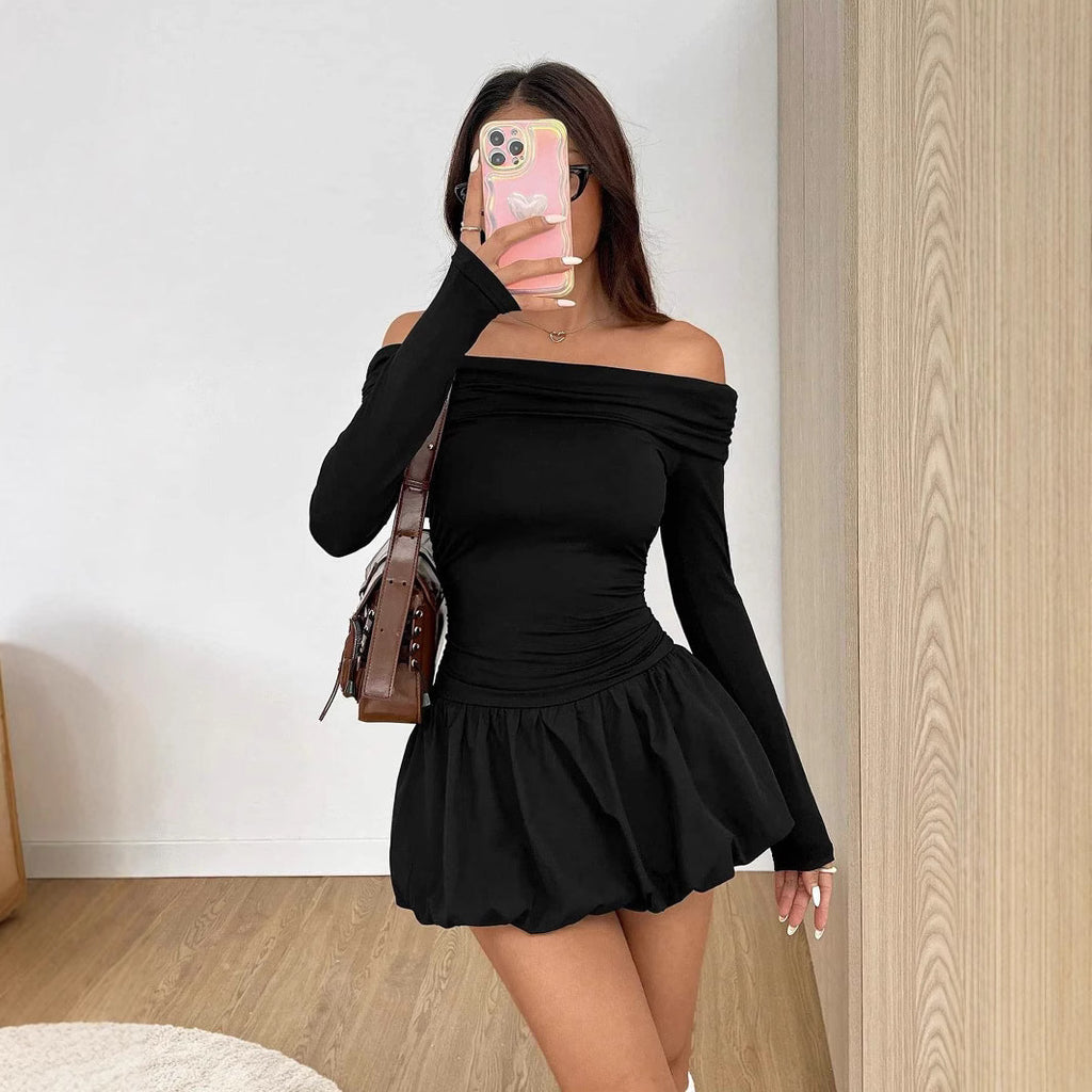 Off-Shoulder Long-Sleeve Ruffle Dress