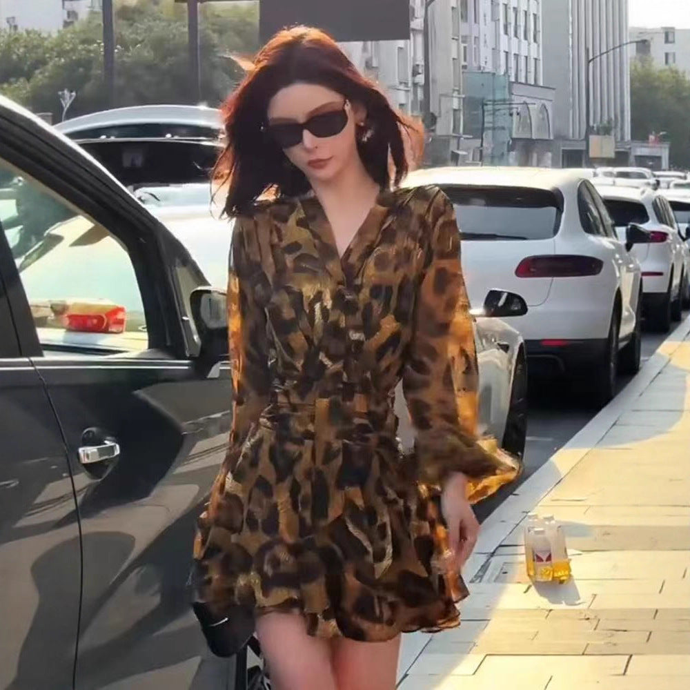 Retro Leopard-print V-neck Flared Long-sleeve Dress
