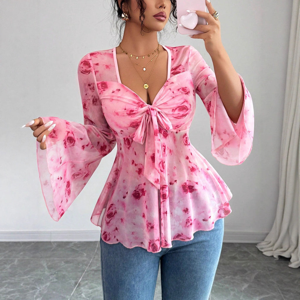Mesh Red Rose Print V-Neck Top
