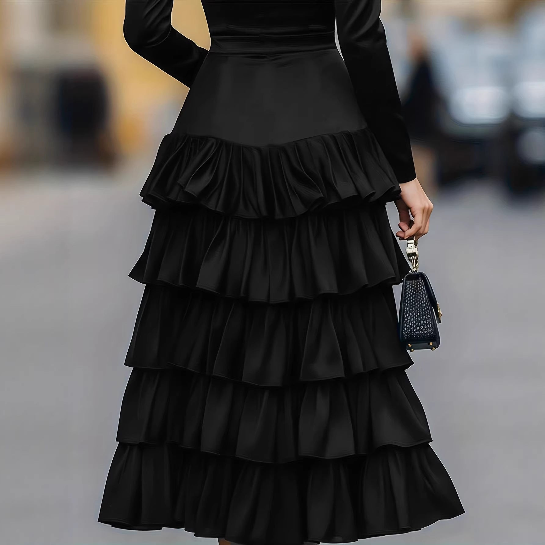 Elegant Black Multi-layered Tiered Skirt