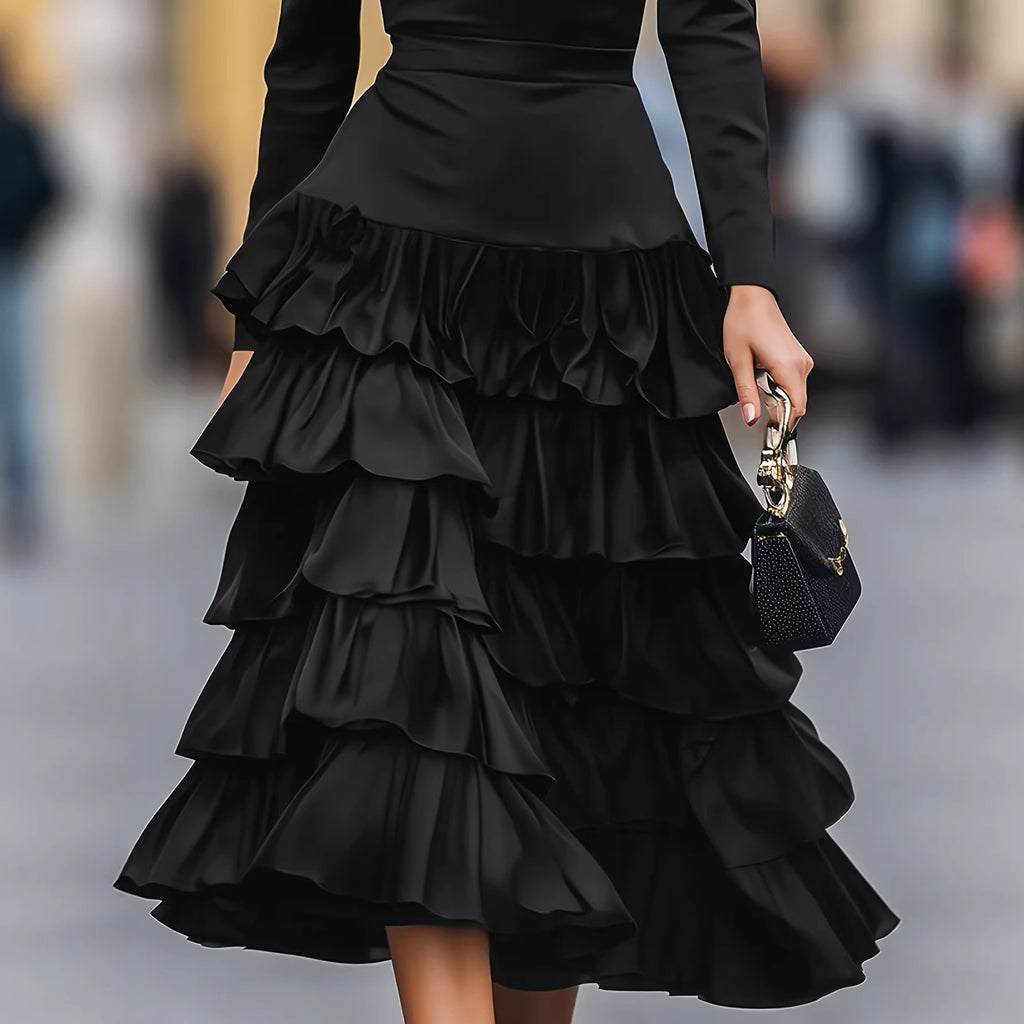 Elegant Black Multi-layered Tiered Skirt