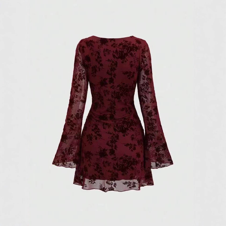 Mesh Flocked Crew Neck Flare-Sleeve Dress