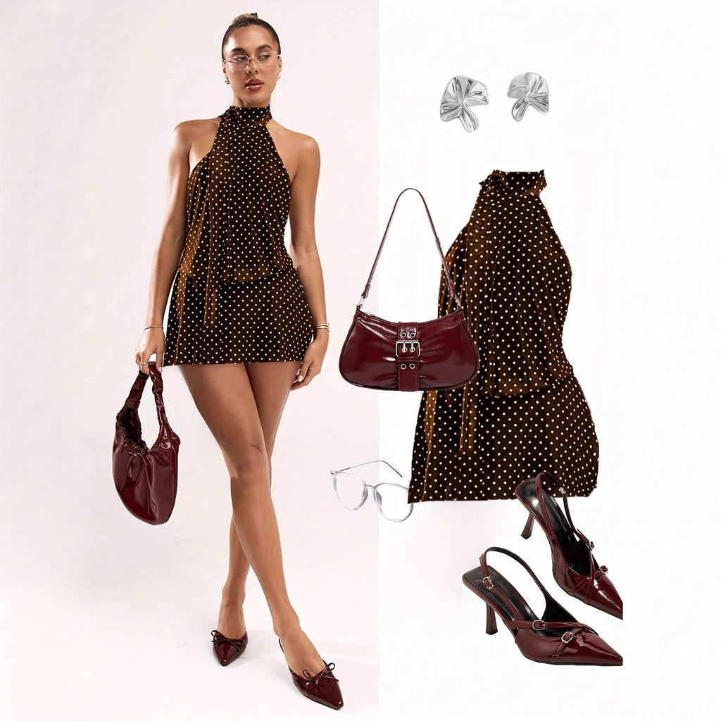 Polka-Dot Halterneck Mini Dress