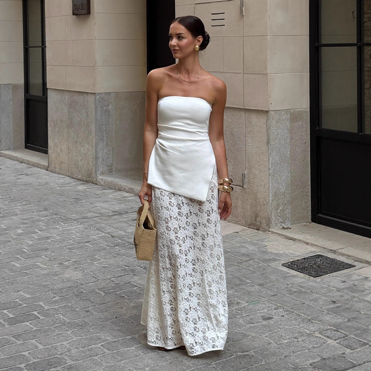 White Jacquard Sheer Low-Waist Lace Skirt