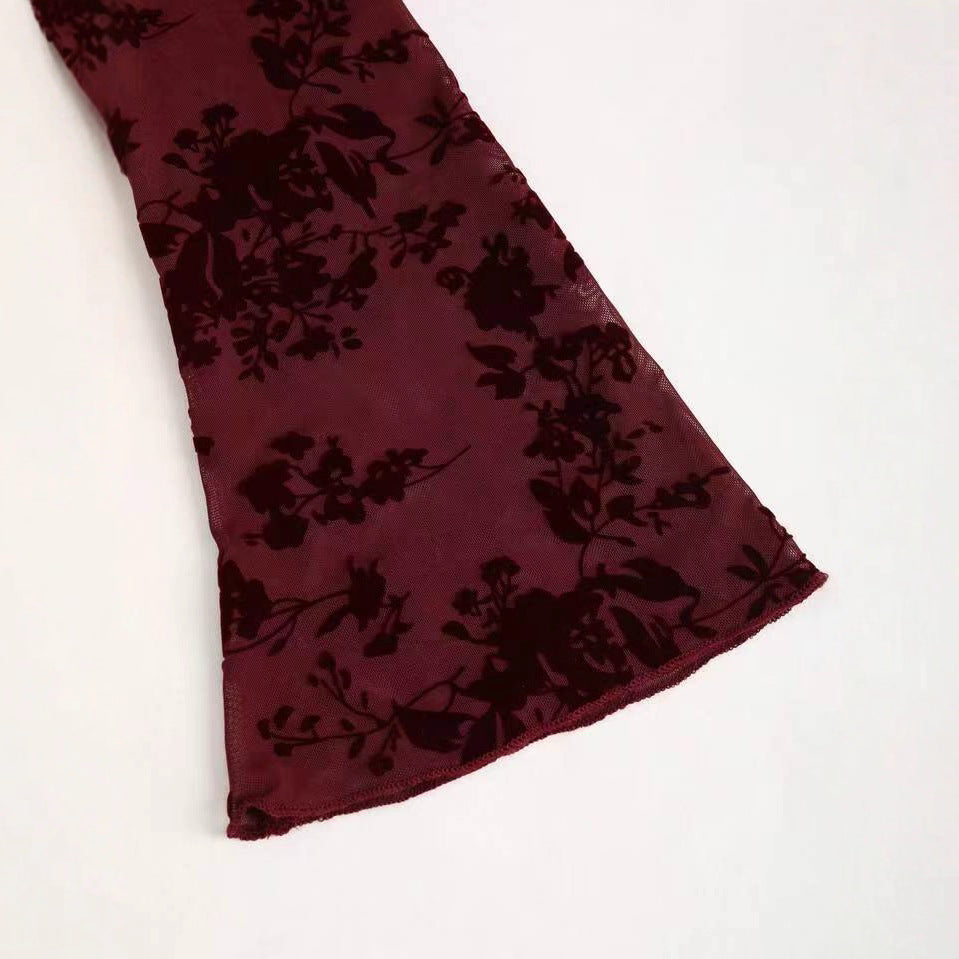 Mesh Flocked Crew Neck Flare-Sleeve Dress