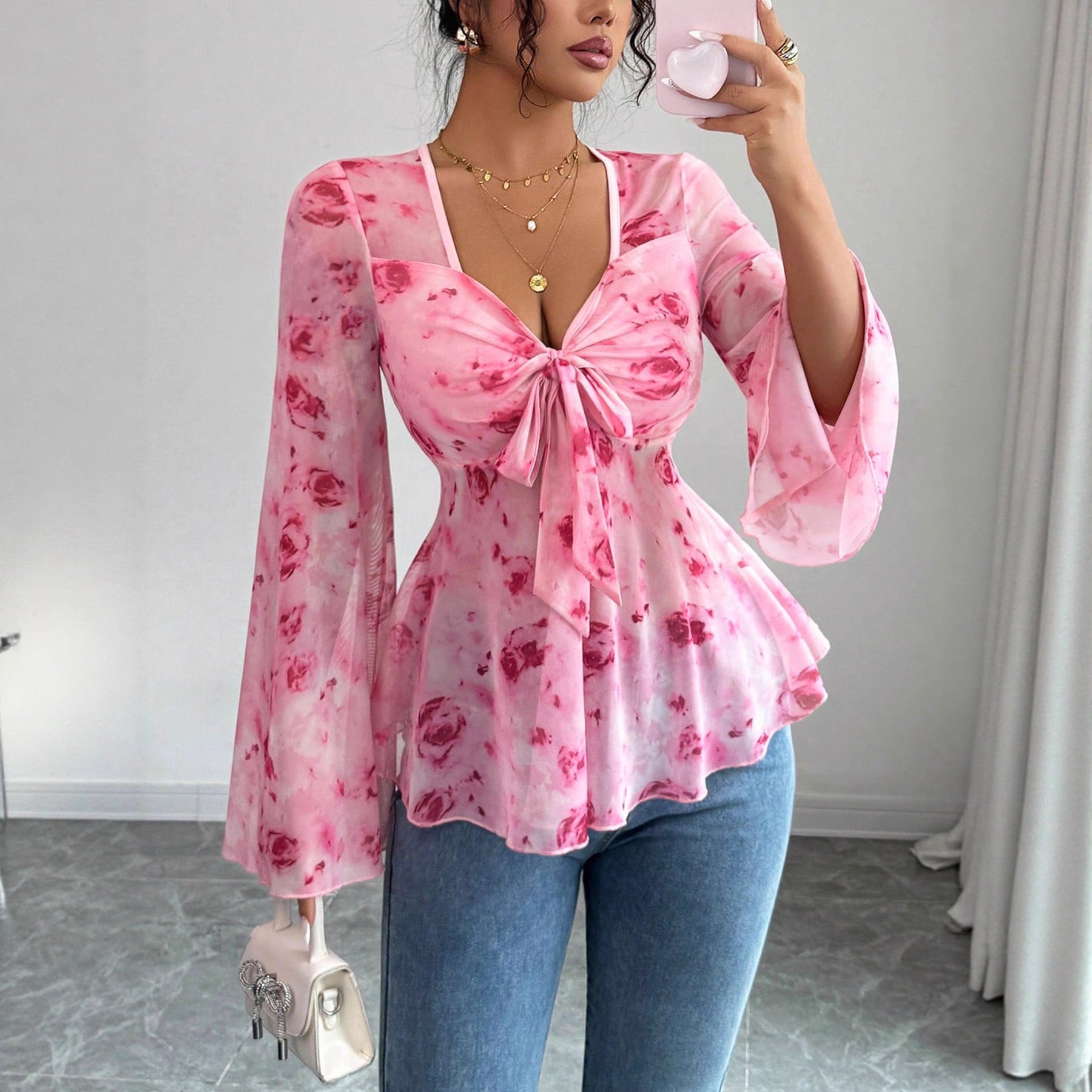 Mesh Red Rose Print V-Neck Top