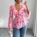 Mesh Red Rose Print V-Neck Top