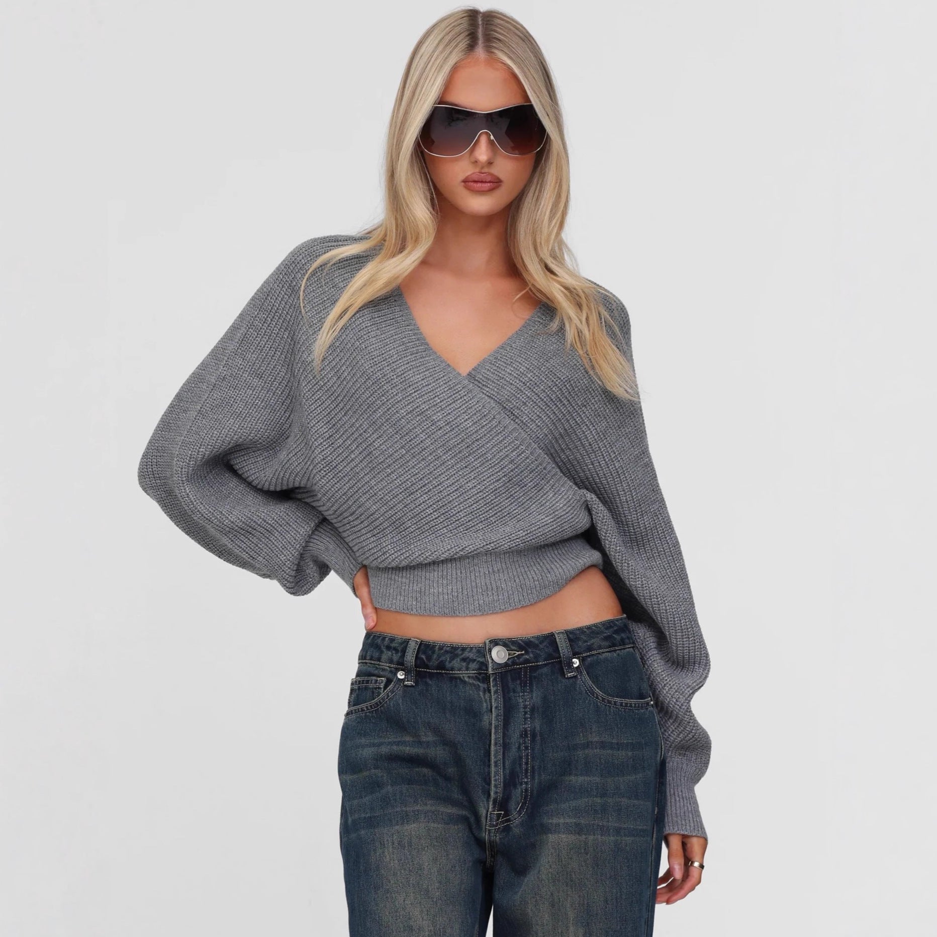 Cropped V-neck Long-sleeve Pullover Knit Sweater