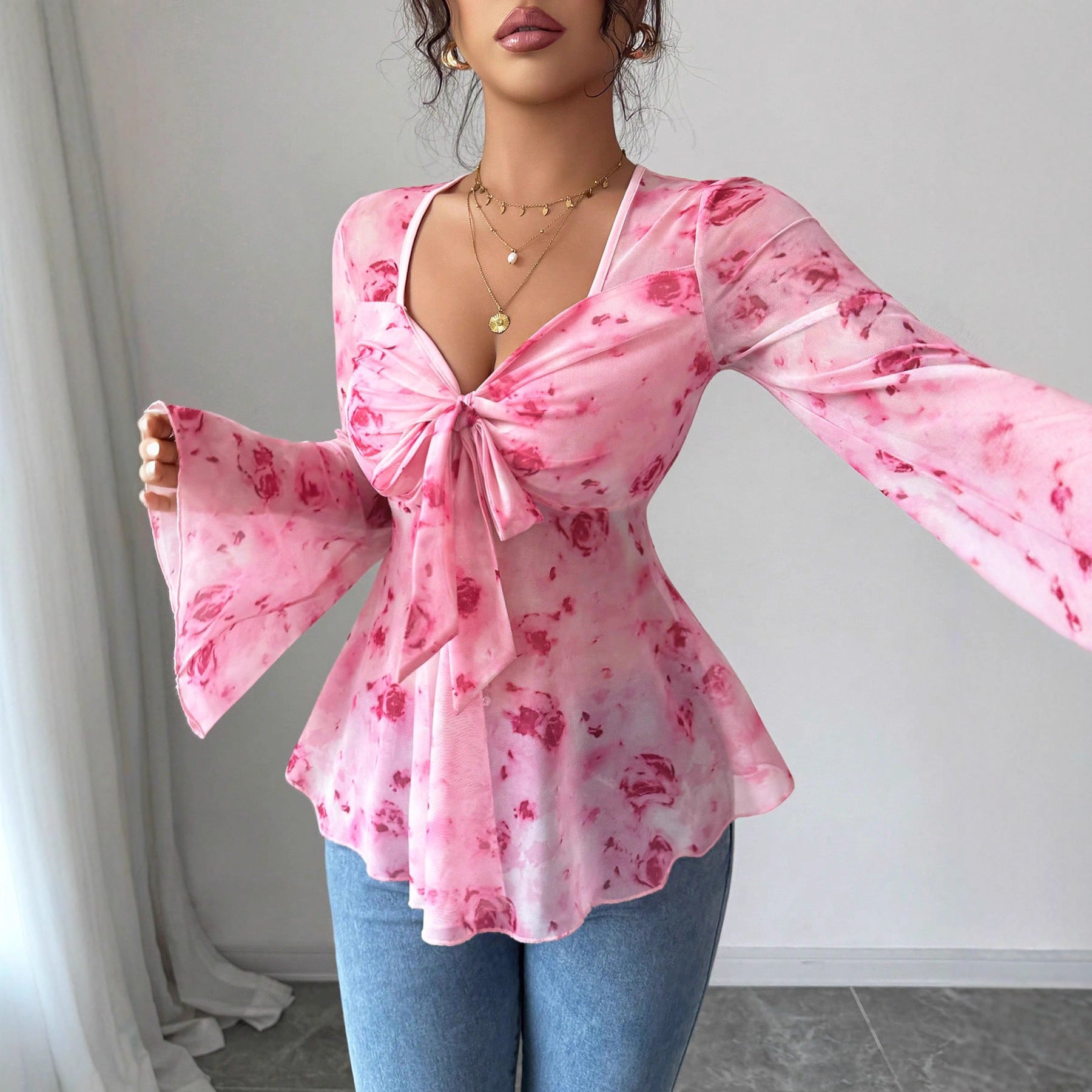 Mesh Red Rose Print V-Neck Top