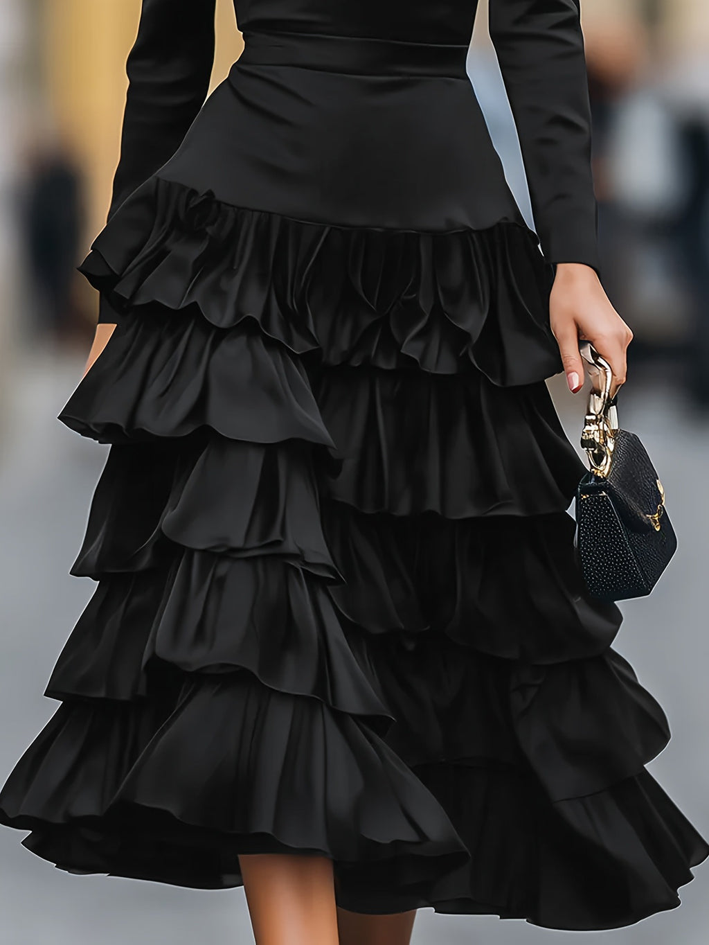 Elegant Black Multi-layered Tiered Skirt