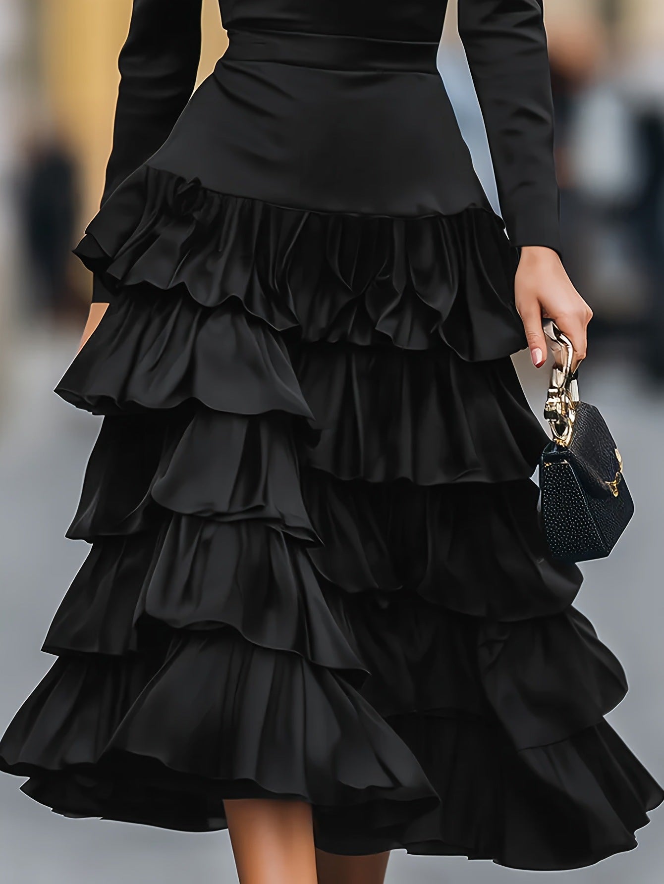 Elegant Black Multi-layered Tiered Skirt