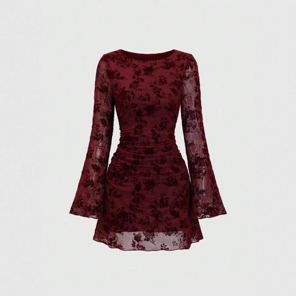 Mesh Flocked Crew Neck Flare-Sleeve Dress